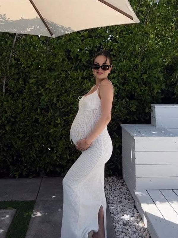 Beaumama robes longue grossesse vacances coulisse taille découpe fente dans le dos moulante spaghettiträger femme enceinte