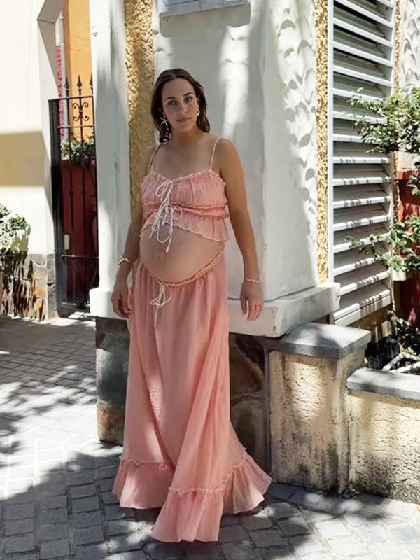 Beaumama robes shooting longue grossesse vacances costume deux pièces volants coulisse taille fluide spaghettiträger femme enceinte