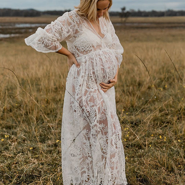 Beaumama robes photo longue grossesse bohème dentelle transparent volants fluide femme enceinte