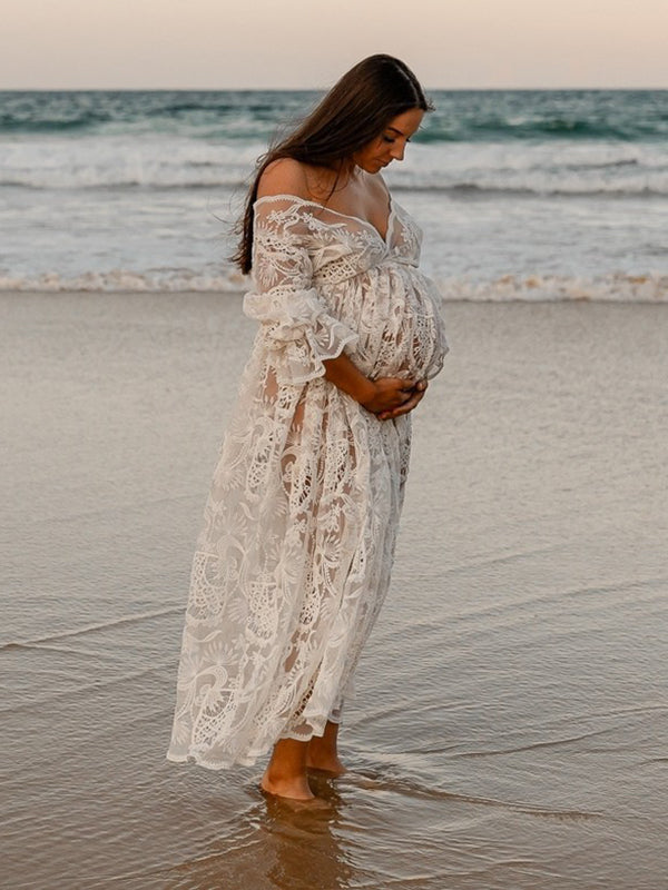 Beaumama robes photo longue grossesse bohème dentelle transparent volants fluide femme enceinte