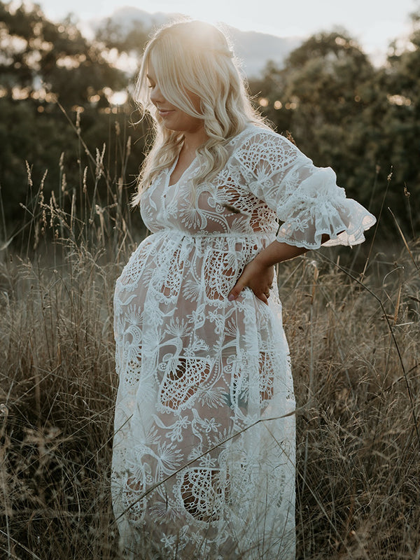 Beaumama robes photo longue grossesse bohème dentelle transparent volants fluide femme enceinte