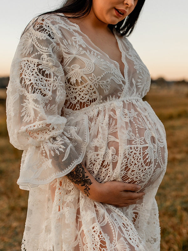 Beaumama robes photo longue grossesse bohème dentelle transparent volants fluide femme enceinte