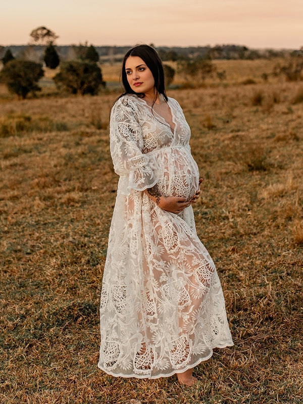 Beaumama robes photo longue grossesse bohème dentelle transparent volants fluide femme enceinte