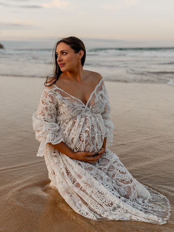 Beaumama robes photo longue grossesse bohème dentelle transparent volants fluide femme enceinte