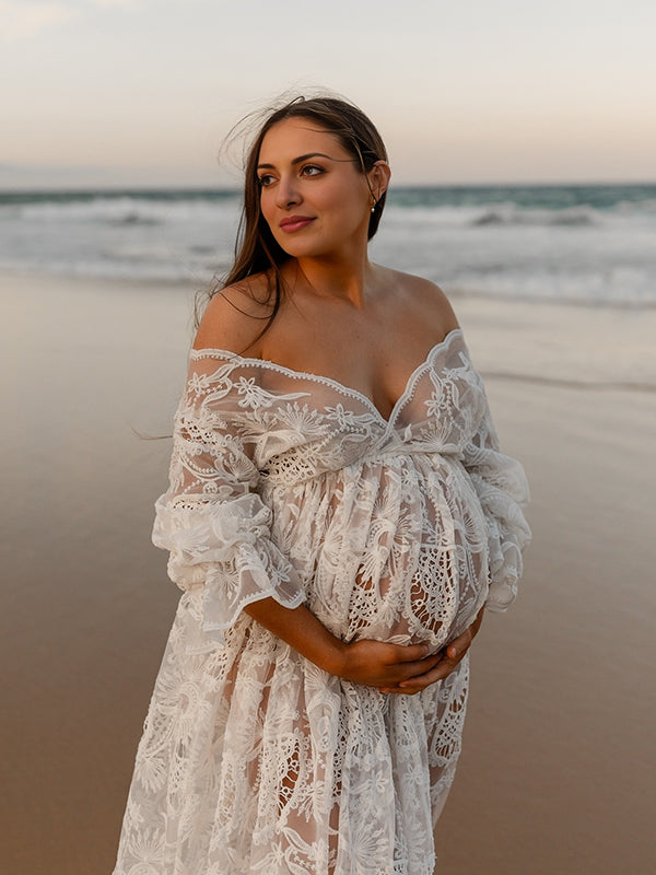 Beaumama robes photo longue grossesse bohème dentelle transparent volants fluide femme enceinte