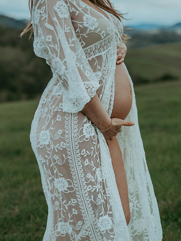 Beaumama robes photo mi-longue grossesse bohème dentelle transparent fente avant bord ondulé femme enceinte