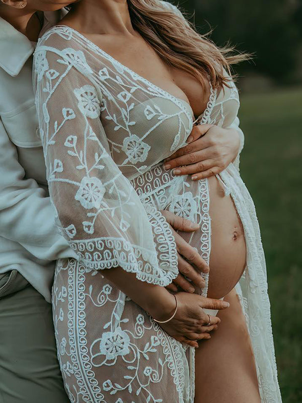 Beaumama robes photo mi-longue grossesse bohème dentelle transparent fente avant bord ondulé femme enceinte