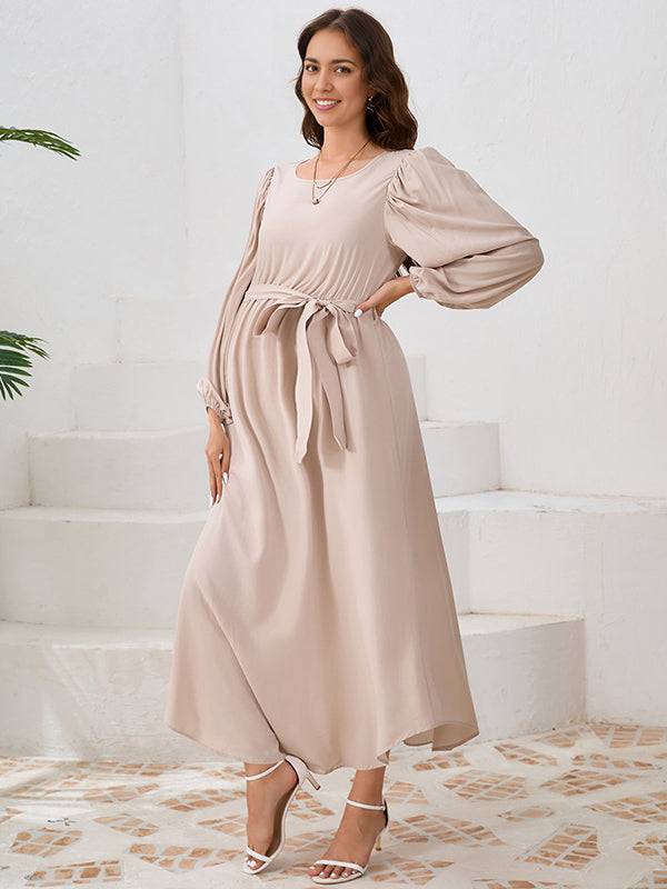 Beaumama robes longue grossesse ceinture col rond manchon de lanterne simple femme enceinte