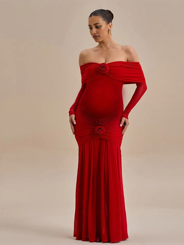 Beaumama robes longue grossesse épaules dénudées fleurs tridimensionnelles femme enceinte