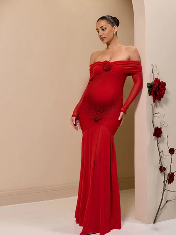 Beaumama robes longue grossesse épaules dénudées fleurs tridimensionnelles femme enceinte