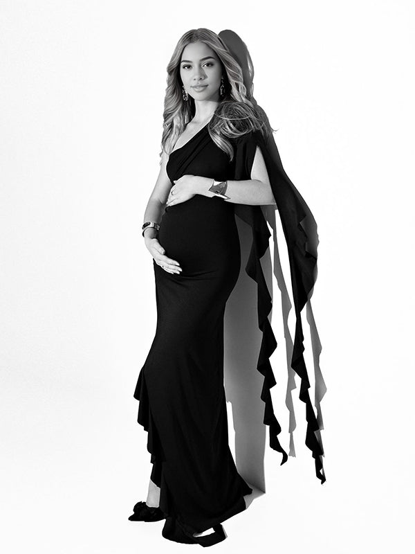 Beaumama robes longue grossesse ruchés froncées ruban fendu le côté asymétrique élégant femme enceinte