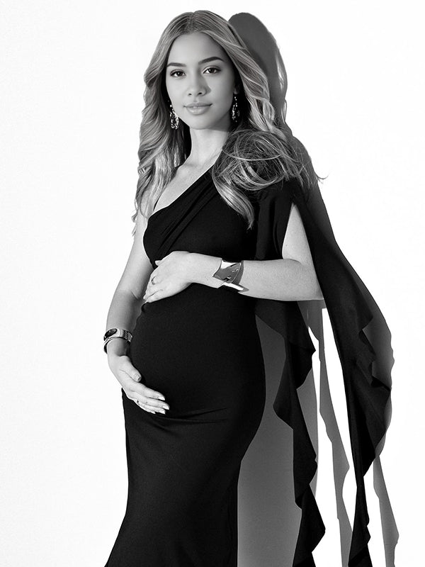 Beaumama robes longue grossesse ruchés froncées ruban fendu le côté asymétrique élégant femme enceinte