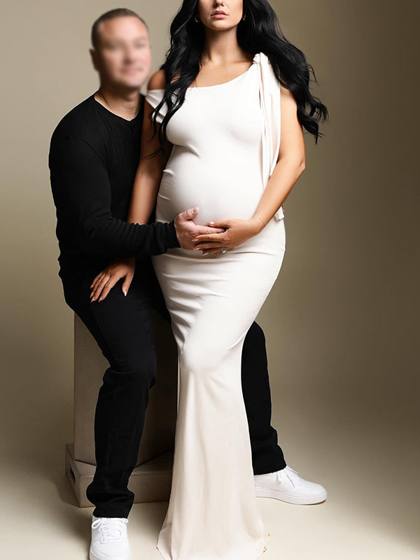 Beaumama robes longue grossesse nœud moulante asymétrique élégant femme enceinte