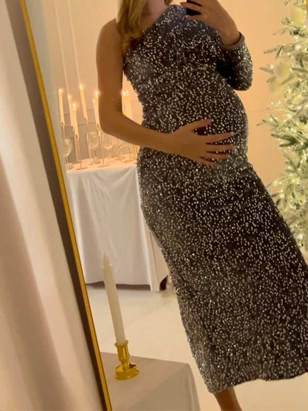 Beaumama robes longue grossesse épaule nue brillante paillette femme enceinte