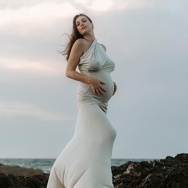Beaumama robes longue grossesse plissé moulante asymétrique élégant femme enceinte