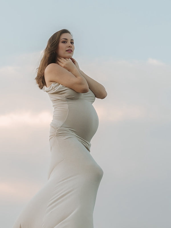 Beaumama robes longue grossesse plissé moulante asymétrique élégant femme enceinte