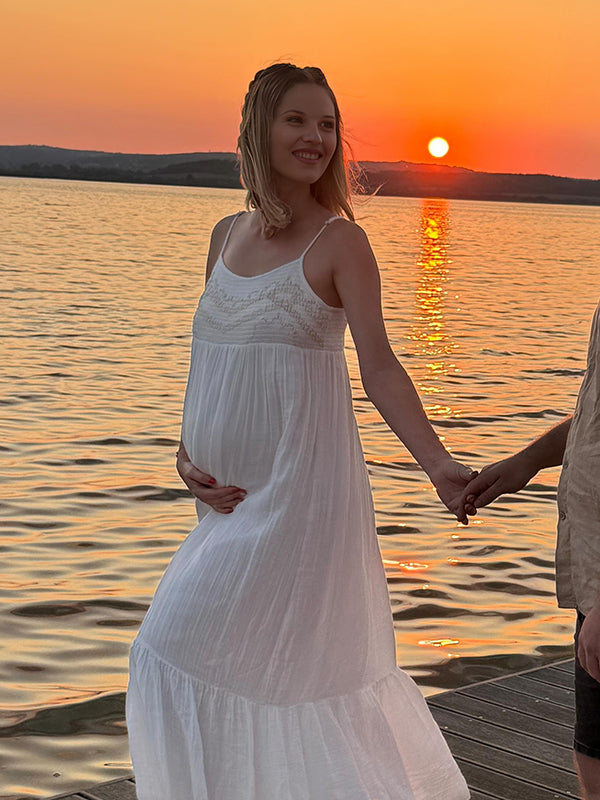Beaumama robes longue grossesse broderie strap élégant enceinte shooting  femme enceinte