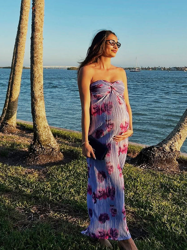 Beaumama robes longue grossesse imprimé fleurie dos nu bustier femme enceinte
