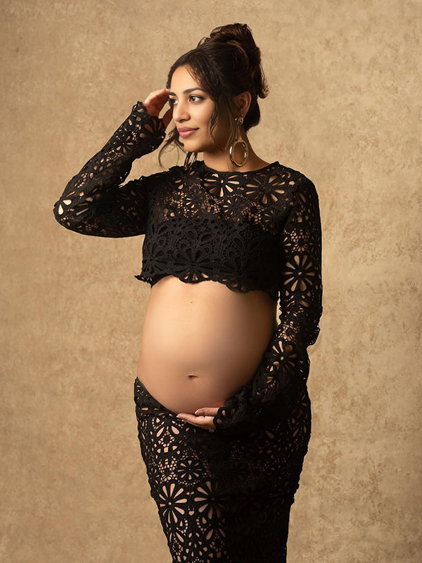 Beaumama robes longue grossesse dentelle costume deux pièces col rond manches longues élégant femme enceinte