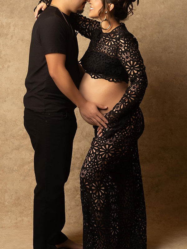 Beaumama robes longue grossesse dentelle costume deux pièces col rond manches longues élégant femme enceinte