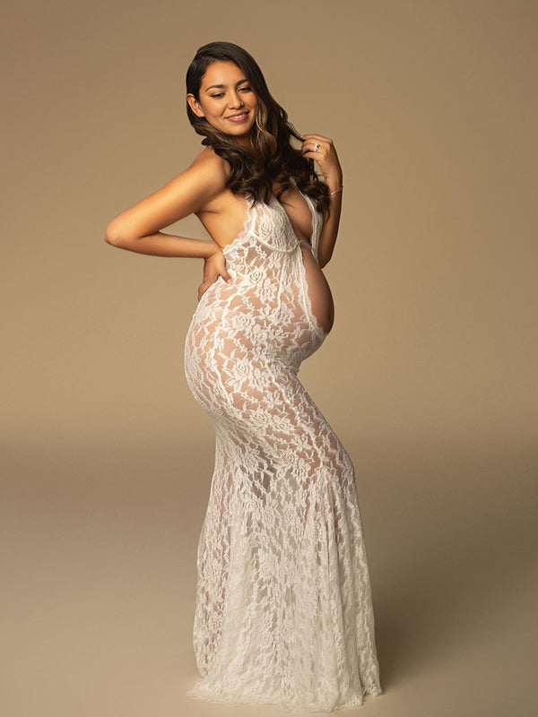 Beaumama robes longue grossesse dentelle cropped moulante licou élégant femme enceinte