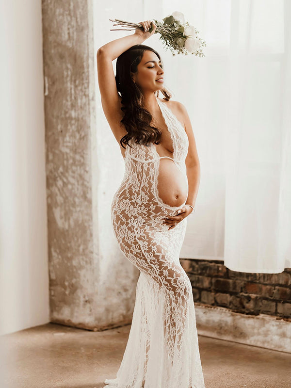 Beaumama robes longue grossesse dentelle cropped moulante licou élégant femme enceinte
