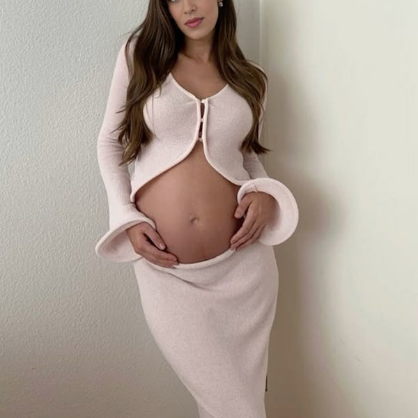Beaumama robes longue grossesse élégant cocktail costume deux pièces volants moulante bord ondulé femme enceinte