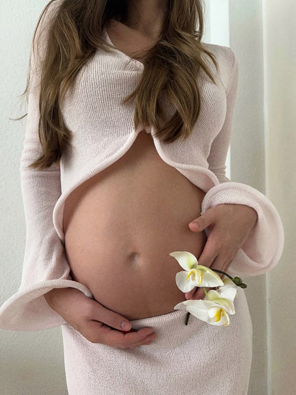 Beaumama robes longue grossesse élégant cocktail costume deux pièces volants moulante bord ondulé femme enceinte