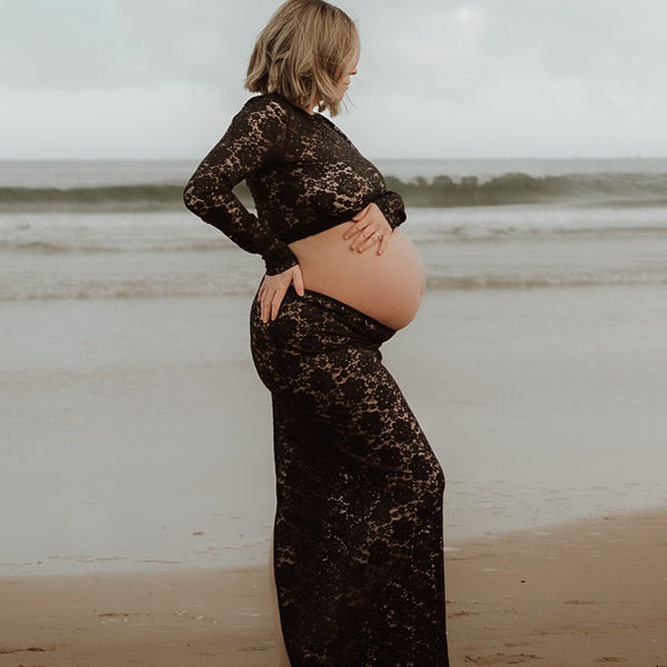 Beaumama robes photo longue grossesse élégant costume deux pièces dentelle moulante fentes femme enceinte