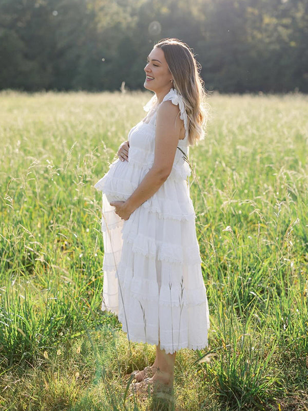 Beaumama robes photo longue grossesse élégant vacances dentelle bord ondulé strap femme enceinte