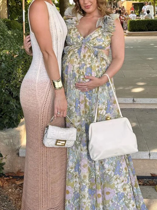 Beaumama robes longue grossesse élégant vacances imprimé fleurie volants dos nu fluide femme enceinte