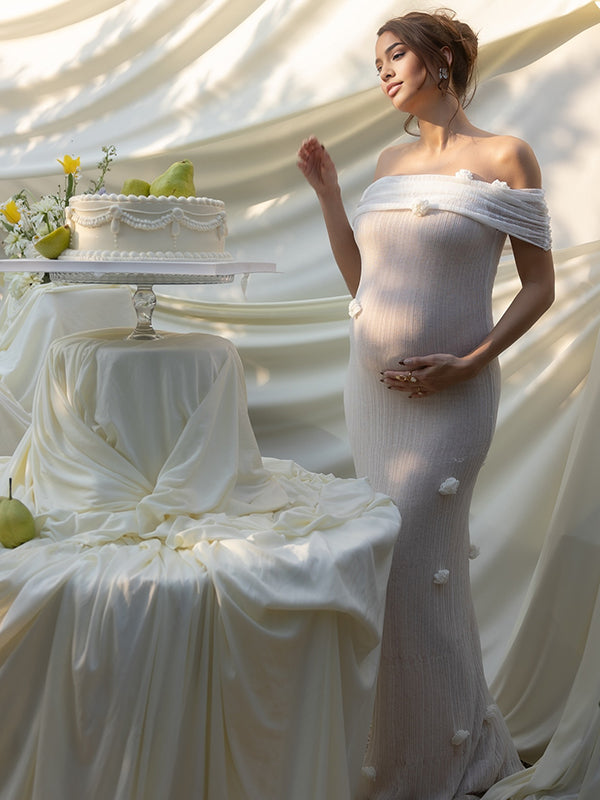 Beaumama robes longue grossesse élégant cérémonie épaule dénudée 3D fleurie moulante femme enceinte