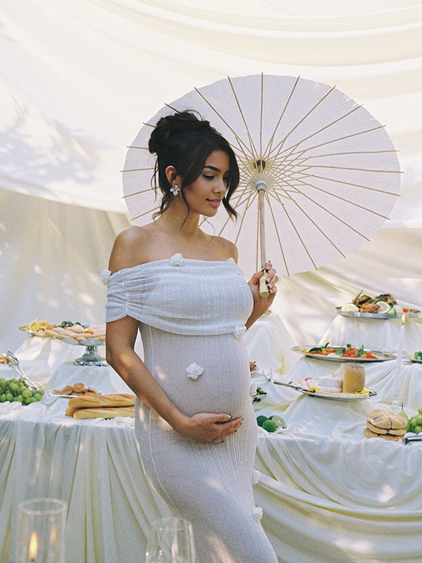 Beaumama robes longue grossesse élégant cérémonie épaule dénudée 3D fleurie moulante femme enceinte