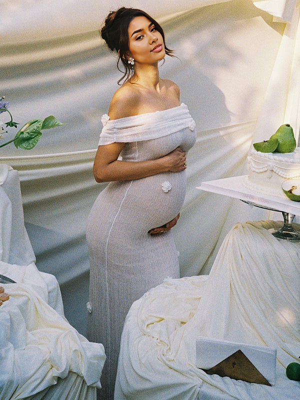 Beaumama robes longue grossesse élégant cérémonie épaule dénudée 3D fleurie moulante femme enceinte