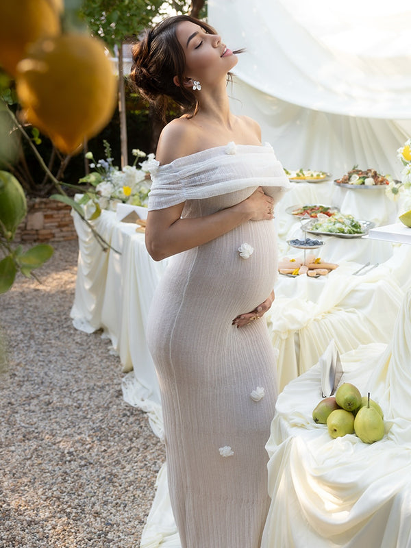Beaumama robes longue grossesse élégant cérémonie épaule dénudée 3D fleurie moulante femme enceinte