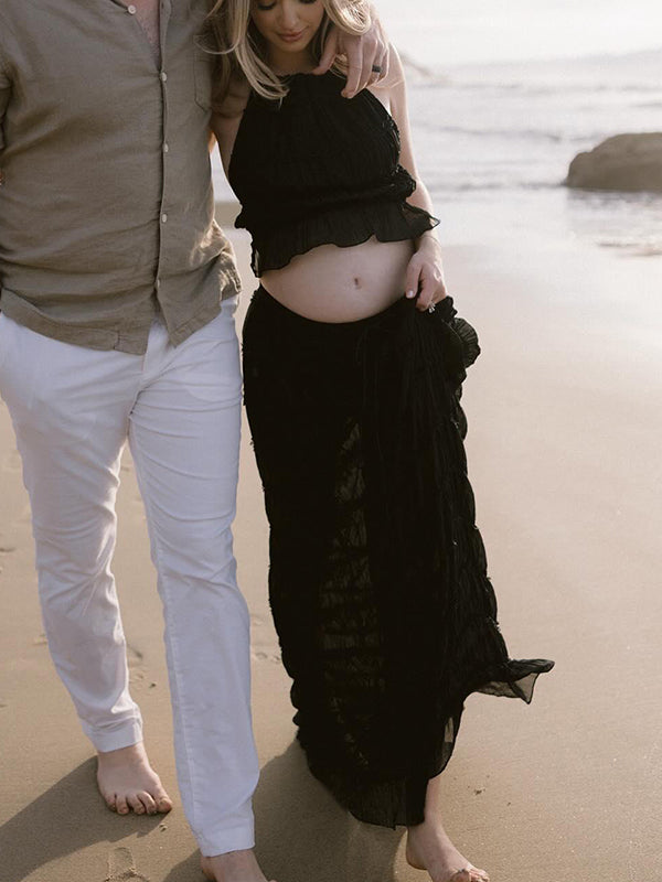 Beaumama robes longue grossesse dos nu plissé costume deux pièces licou style de plage femme enceinte