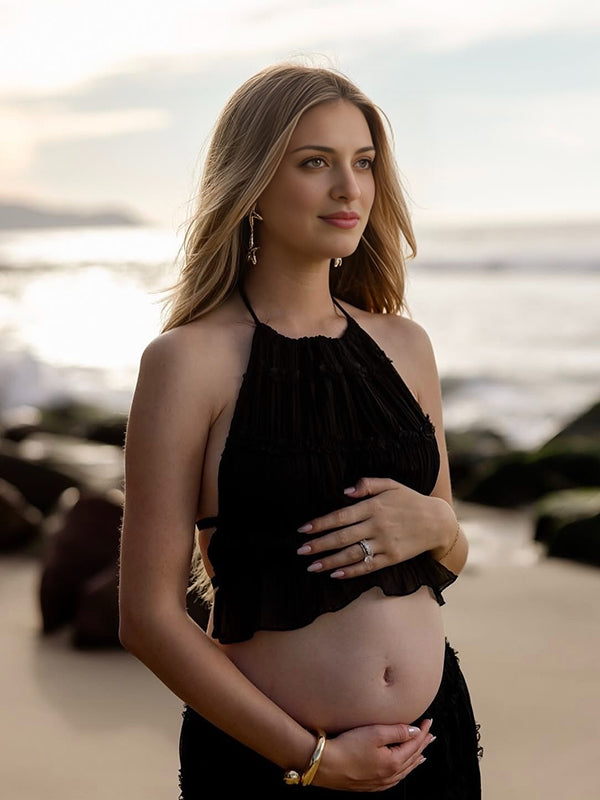Beaumama robes longue grossesse dos nu plissé costume deux pièces licou style de plage femme enceinte
