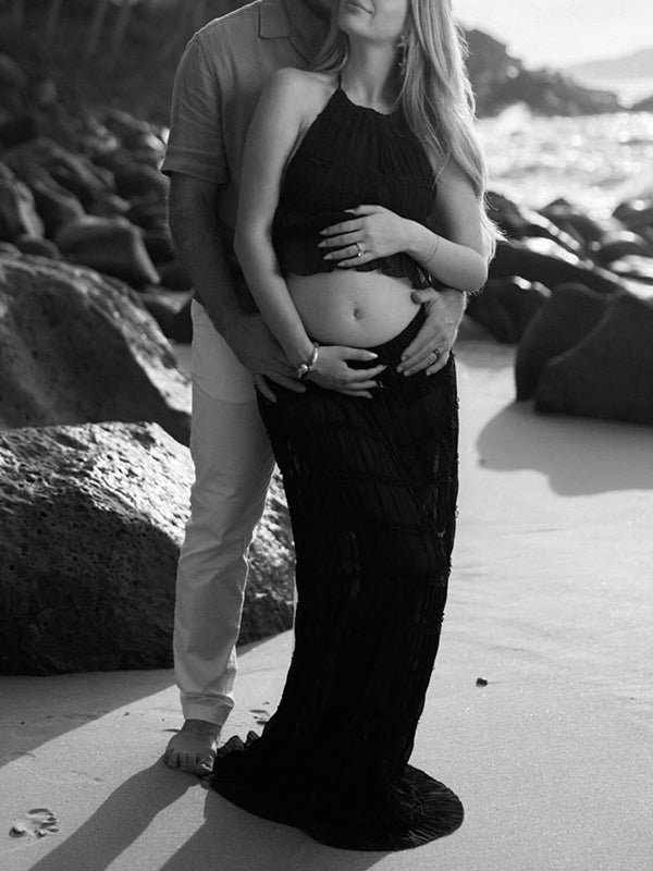 Beaumama robes longue grossesse dos nu plissé costume deux pièces licou style de plage femme enceinte