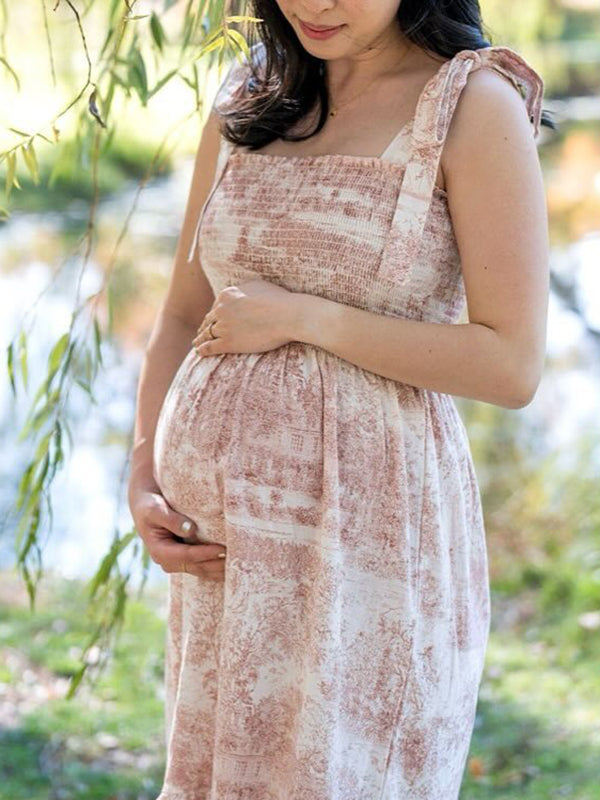 Beaumama robes longue grossesse photo imprimé fleurie volants fluide strap femme enceinte