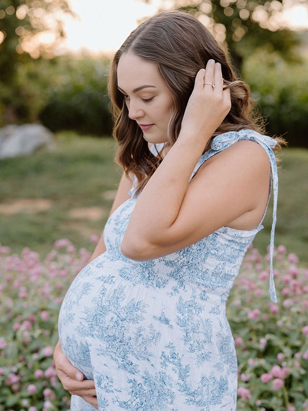 Beaumama robes longue grossesse photo imprimé fleurie volants fluide strap femme enceinte