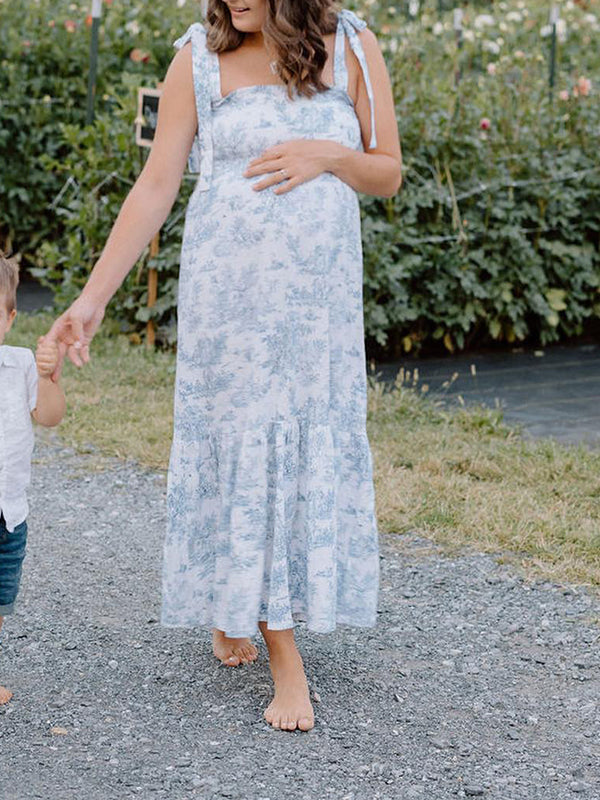 Beaumama robes longue grossesse photo imprimé fleurie volants fluide strap femme enceinte