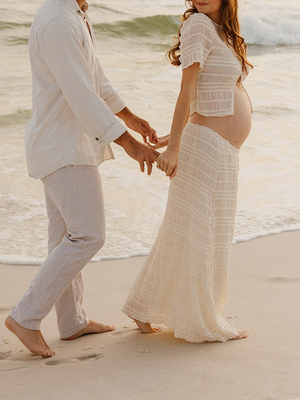 Beaumama robes photo longue grossesse bohème 2 pièces volants plissé fente boutonnage femme enceinte