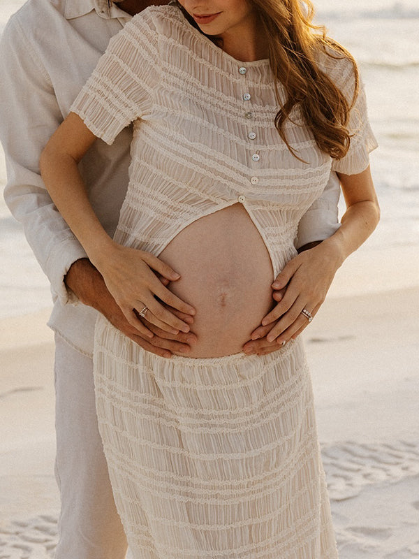 Beaumama robes photo longue grossesse bohème 2 pièces volants plissé fente boutonnage femme enceinte