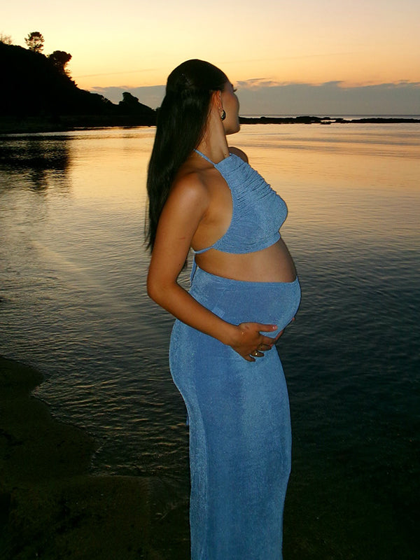 Beaumama robes longue grossesse élégant cocktail costume deux pièces moulante plissé dos nu vacances femme enceinte