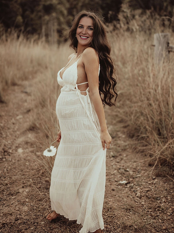 Beaumama robes photo longue grossesse bohème vacances nœud fluide plissé spaghettiträger femme enceinte