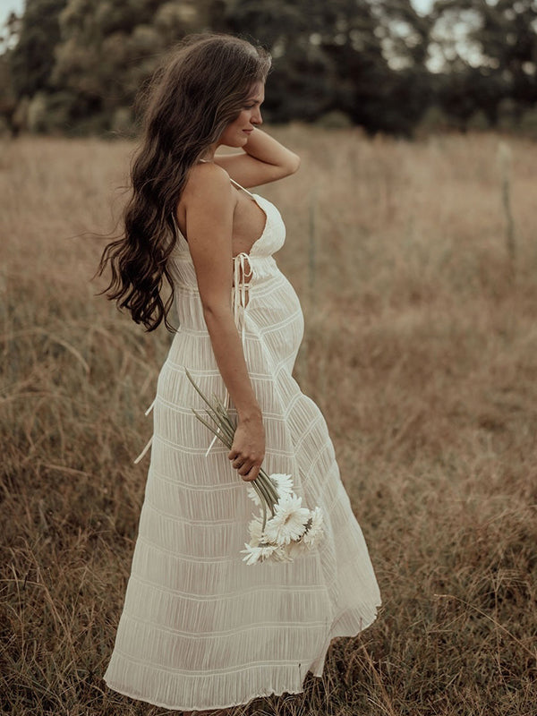 Beaumama robes photo longue grossesse bohème vacances nœud fluide plissé spaghettiträger femme enceinte