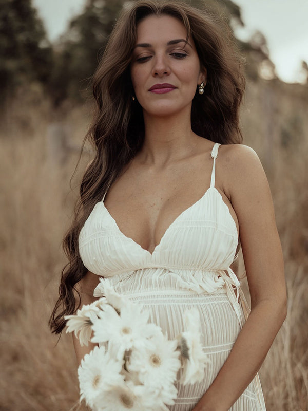 Beaumama robes photo longue grossesse bohème vacances nœud fluide plissé spaghettiträger femme enceinte