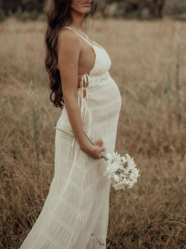 Beaumama robes photo longue grossesse bohème vacances nœud fluide plissé spaghettiträger femme enceinte