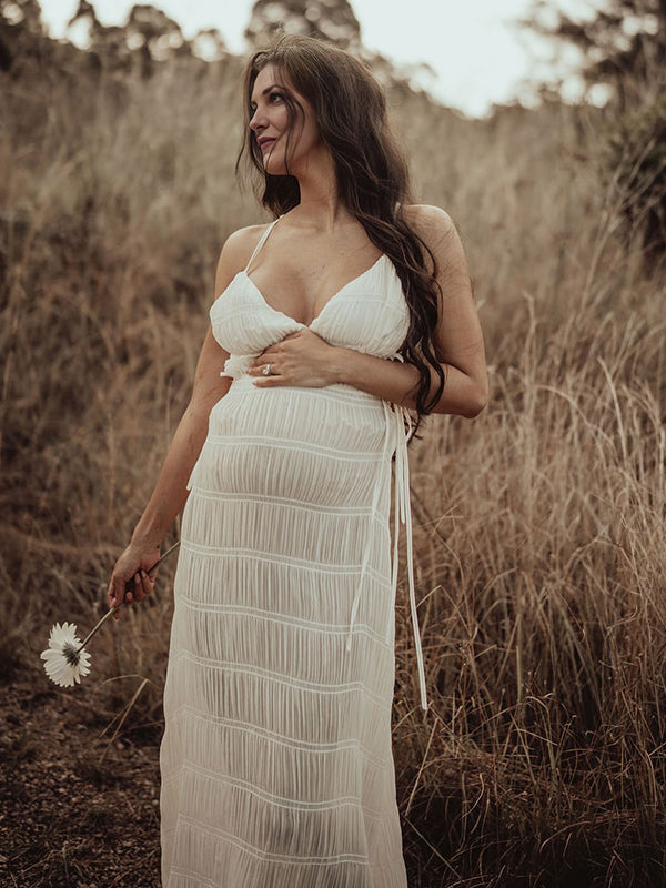 Beaumama robes photo longue grossesse bohème vacances nœud fluide plissé spaghettiträger femme enceinte