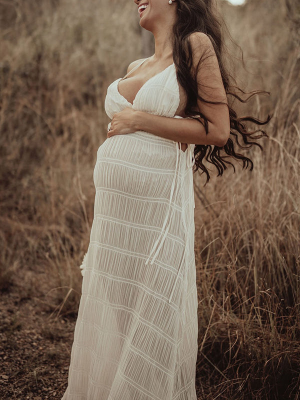 Beaumama robes photo longue grossesse bohème vacances nœud fluide plissé spaghettiträger femme enceinte